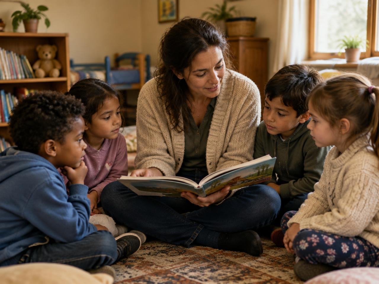 A caregiver reading to children at the orphanage